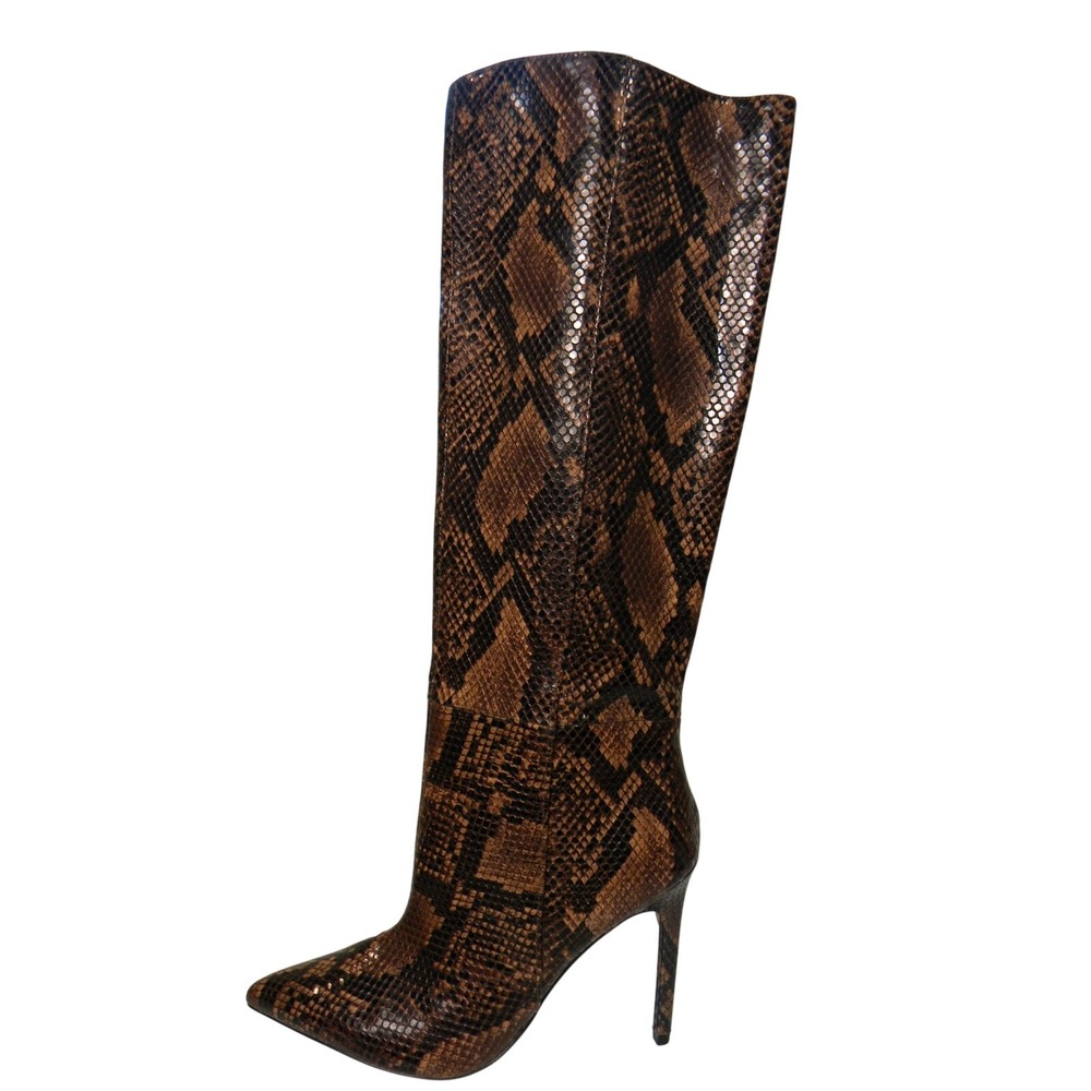 Express Brown Snake Skin Knee High Women's Boots Heel Size 8 Comfort Calf Sexy